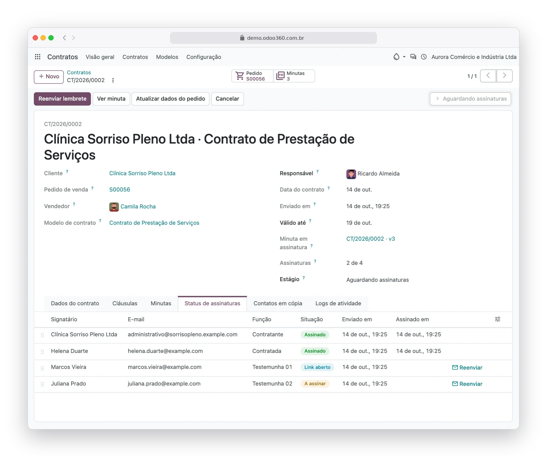 Status de assinaturas do contrato no Odoo90 com signatários assinados, link aberto e a assinar