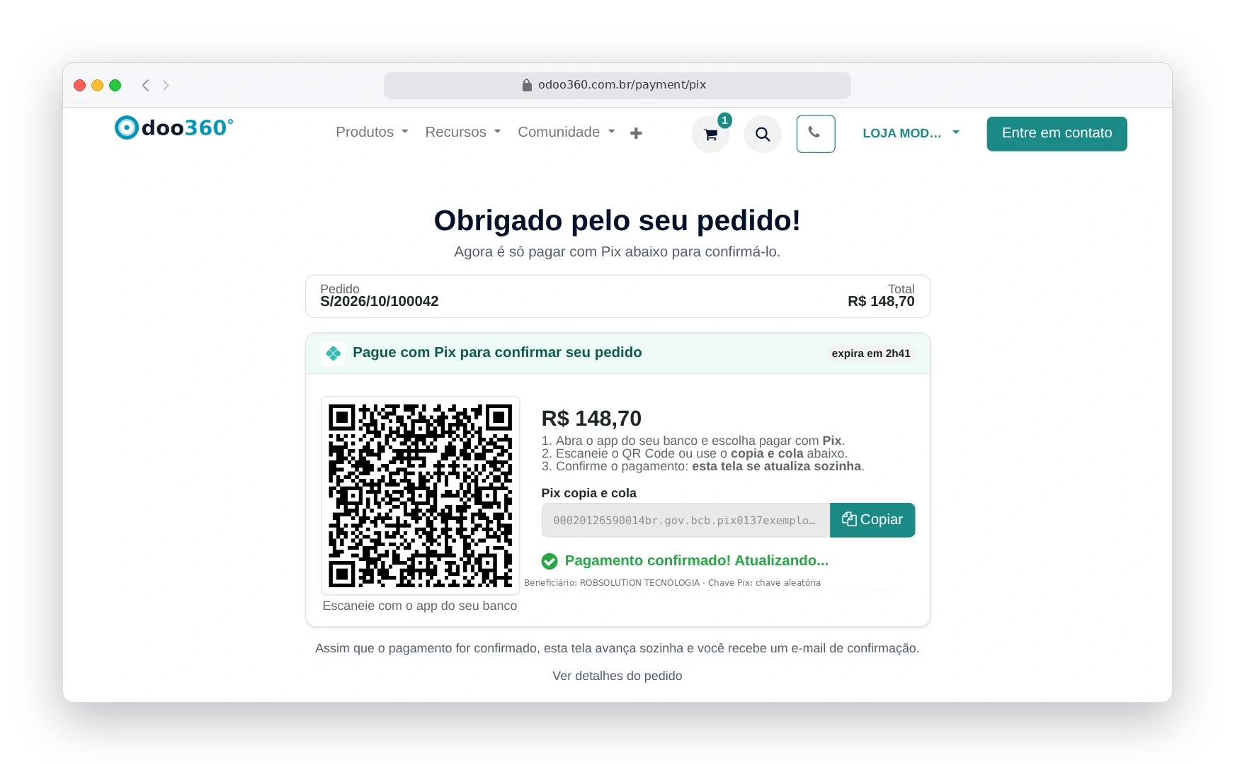 Tela do Pix no Odoo90 com o pagamento confirmado: a página avança sozinha para os próximos passos