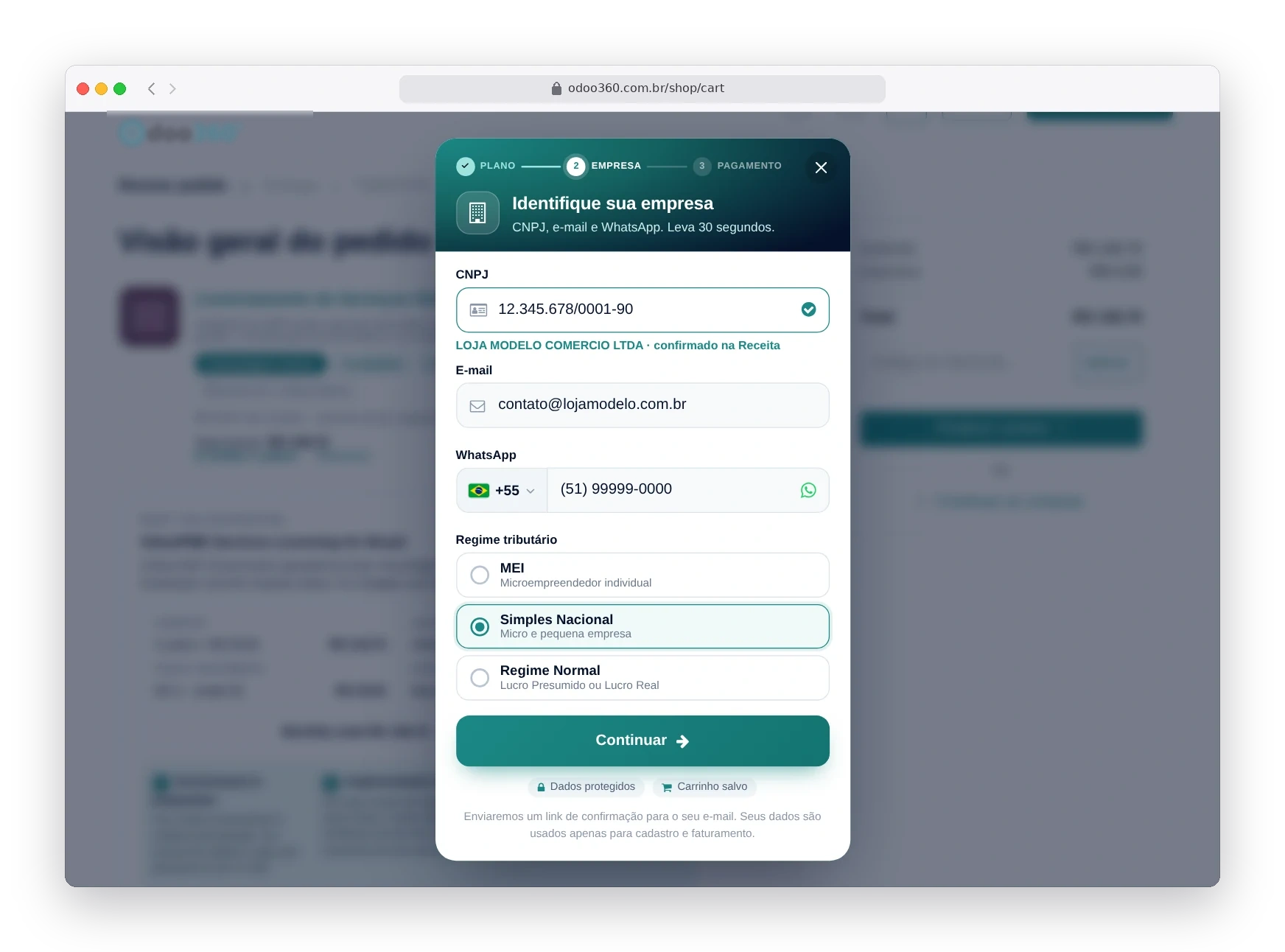 Janela de cadastro rápido do Odoo90 pedindo CNPJ, e-mail e regime tributário com as opções MEI, Simples Nacional e Regime Normal
