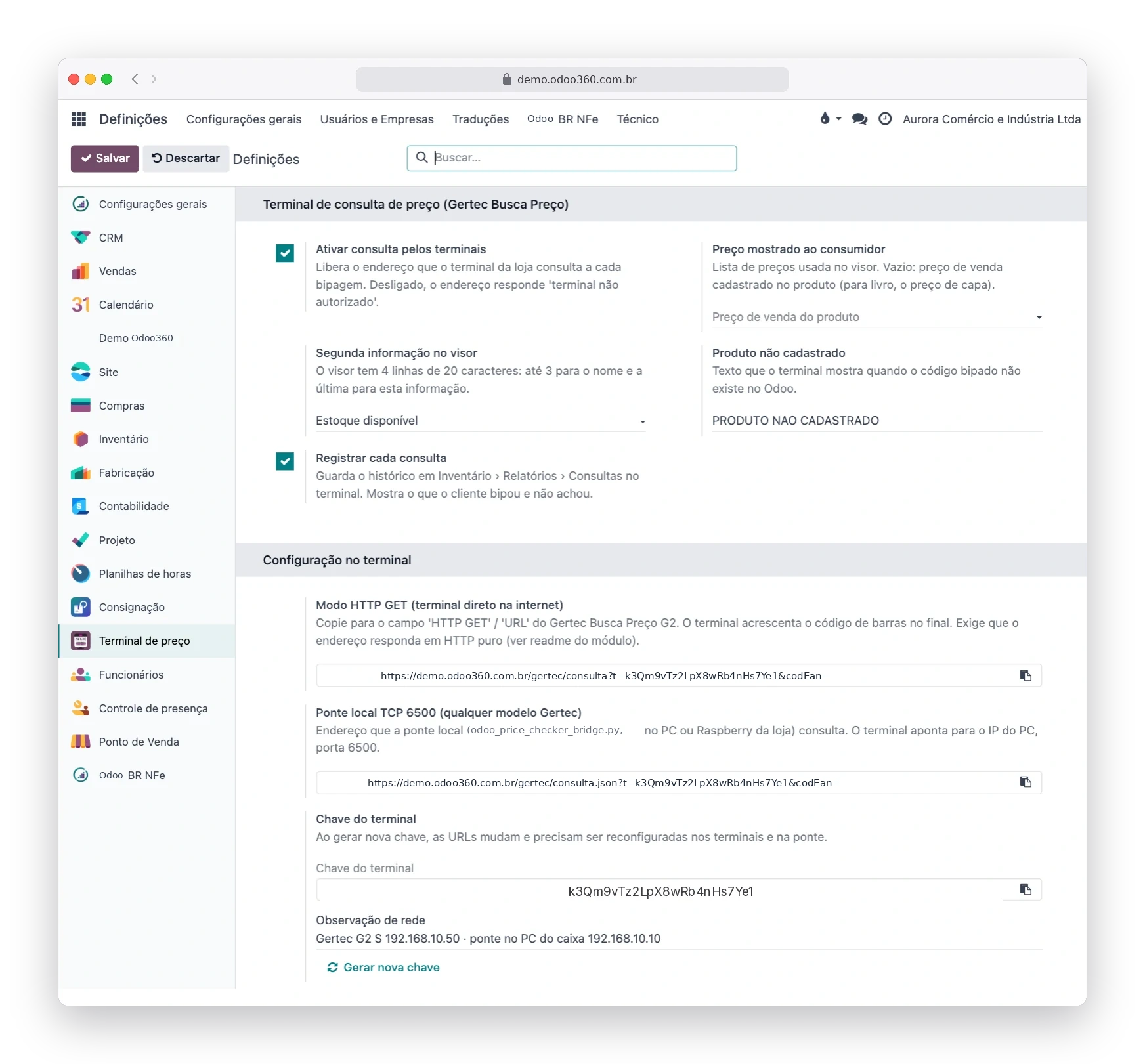 Tela de Definições do Odoo90 com a configuração do terminal de consulta de preço