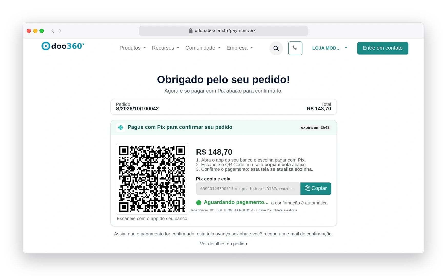 Tela do Pix gerado no Odoo90 com QR Code, valor, código copia e cola e status aguardando pagamento