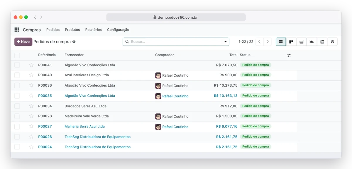 Tela de pedidos de compra do Odoo90 com fornecedores, totais e status