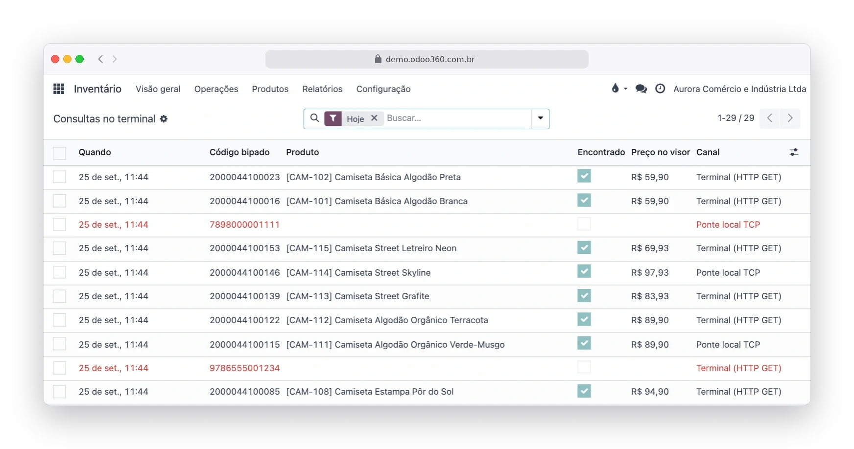 Relatório Consultas no terminal do Odoo90 com as bipagens do dia, preço mostrado e códigos não encontrados