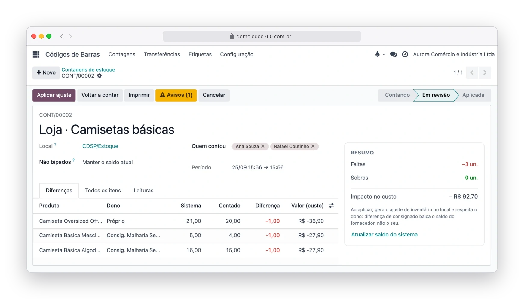 Revisão de uma contagem de estoque no Odoo90 com diferenças por produto, faltas, sobras e impacto no custo
