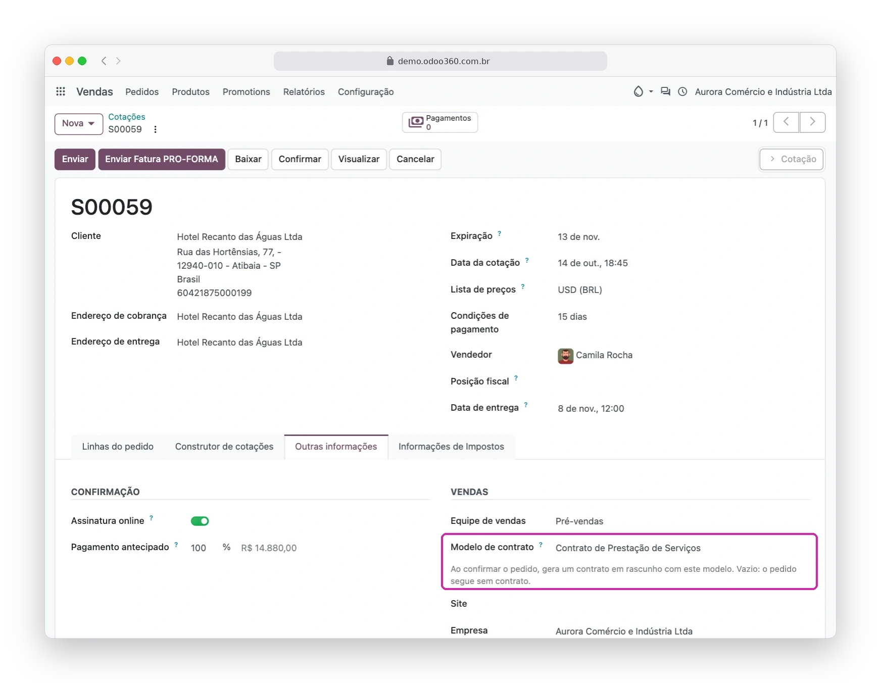 Pedido de venda do Odoo90 com o campo Modelo de contrato na aba Outras informações