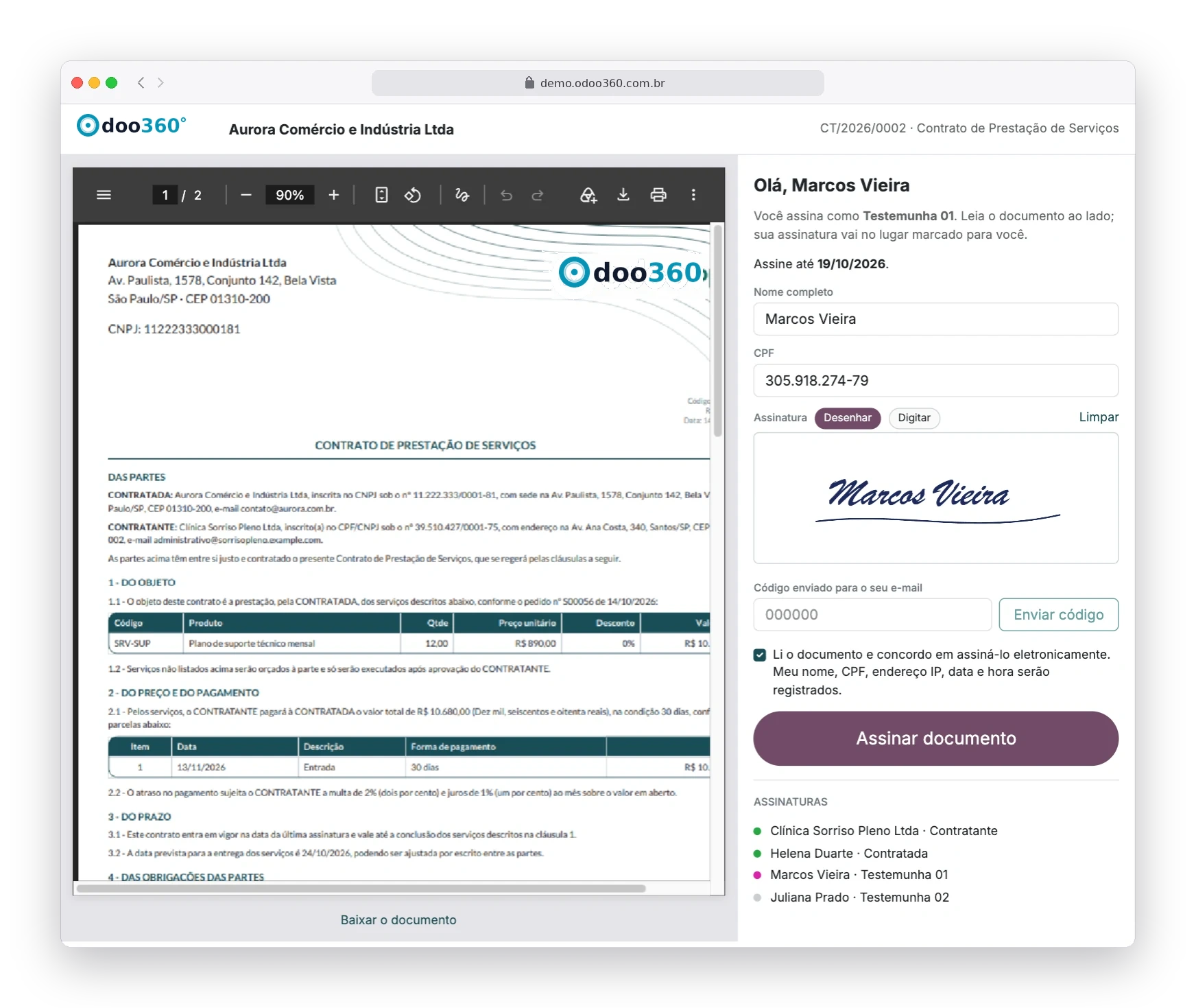 Página de assinatura eletrônica do contrato no Odoo90, com o documento ao lado, assinatura desenhada e código enviado por e-mail
