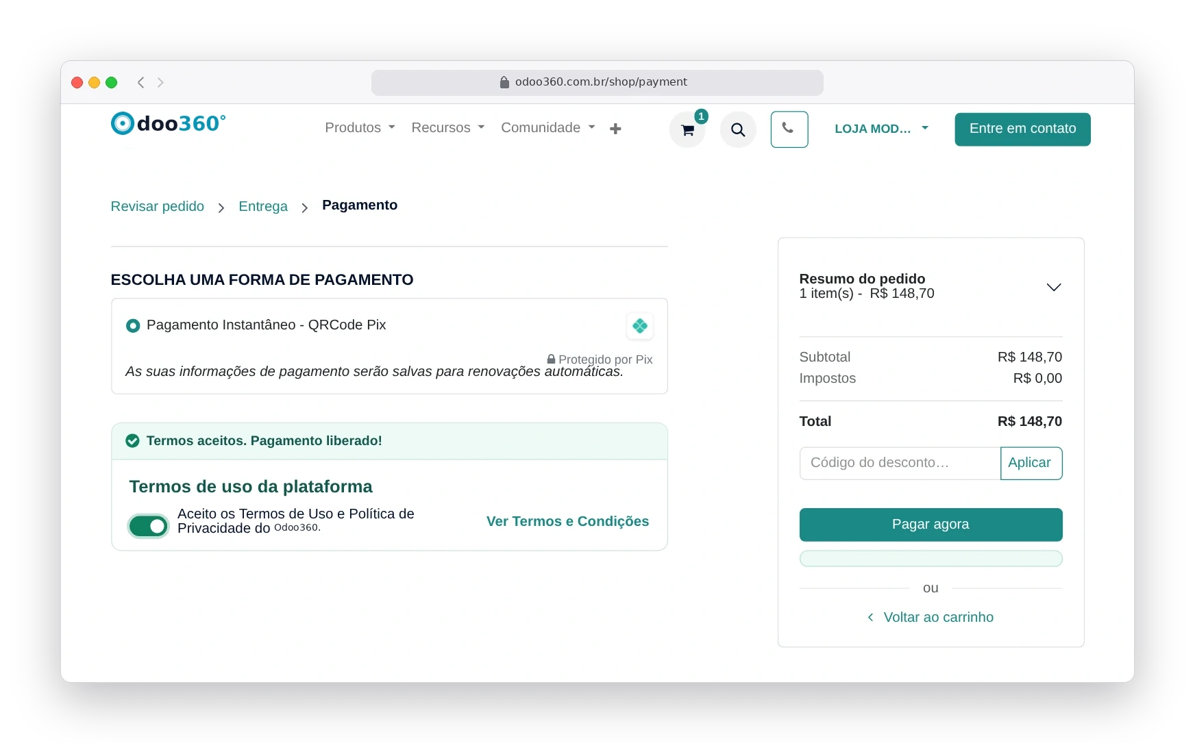 Tela de pagamento do Odoo90 com Pix selecionado, termos de uso aceitos e botão Pagar agora liberado