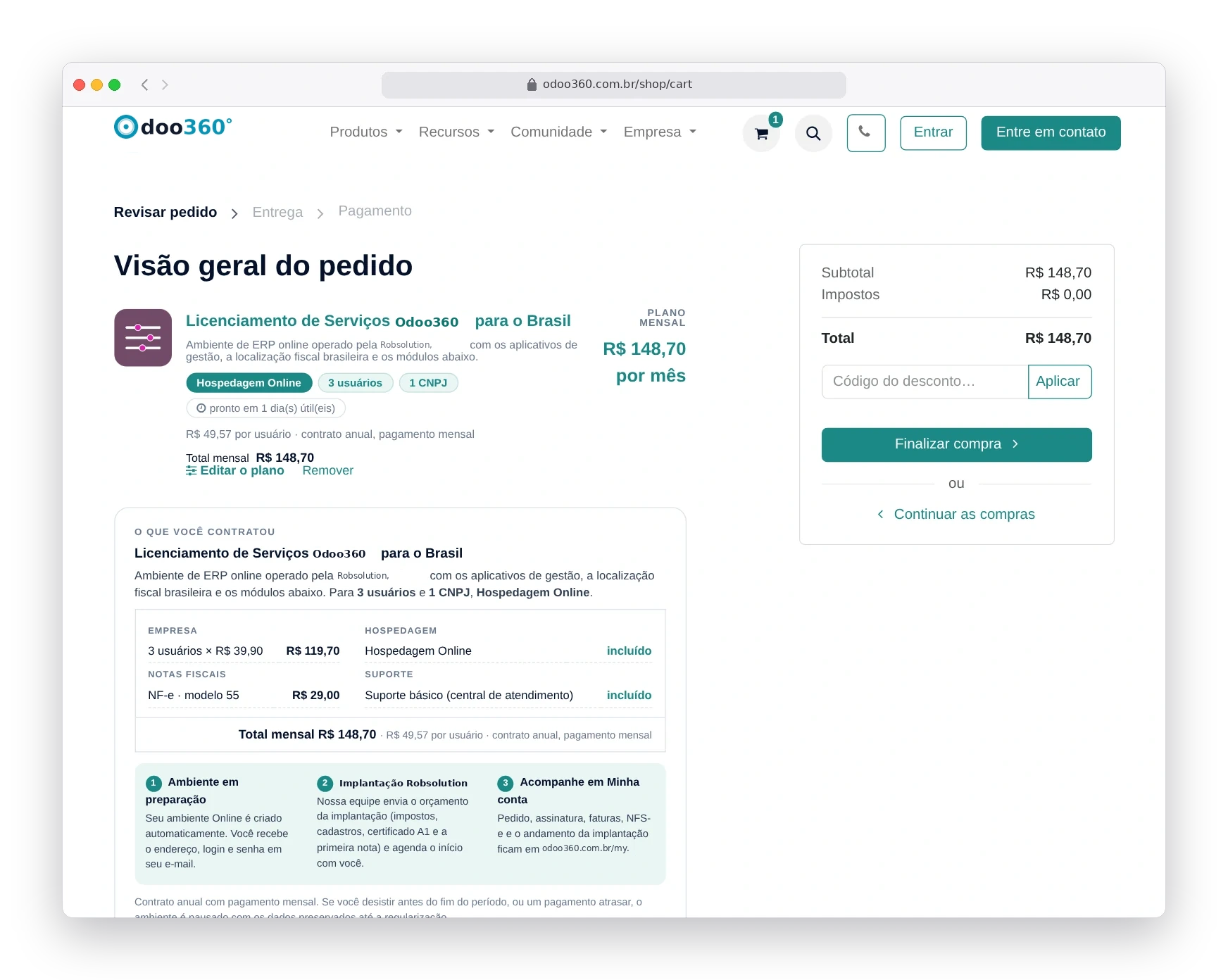 Carrinho com uma única linha do plano Odoo90 de R$ 148,70 por mês e o card da contratação